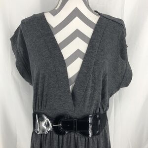 LOVE CAMERON Gray Deep V Neck Faux Patent Leather Belt Dress SD10023X 2X Plus